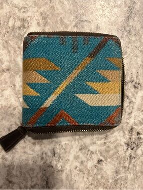 Pendleton Wyeth Trail Zip Wallet Wool Leather Turquoise Geometric